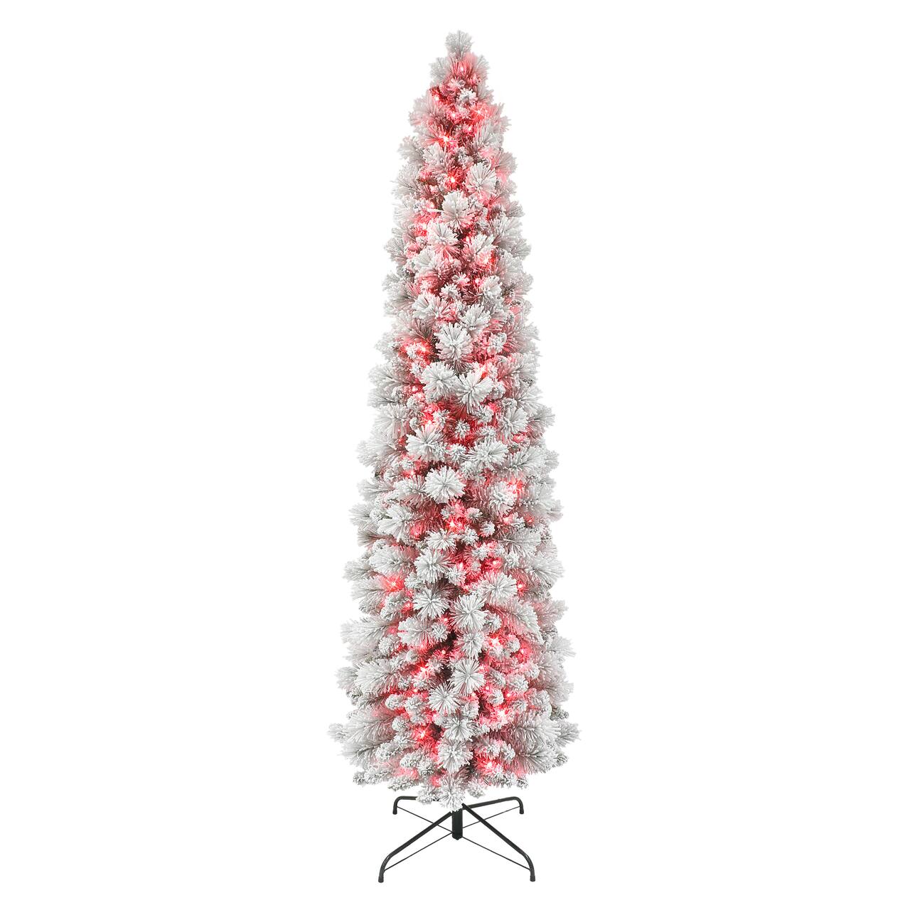 7.5ft. Pre-Lit Flocked Portland Pine Artificial Pencil Christmas Tree, Pink Lights